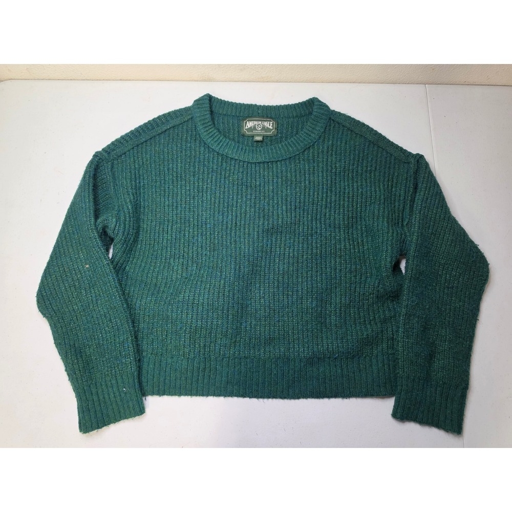 American Eagle Women Green Ribbed Wool Blend Crewneck Sweater Medium M